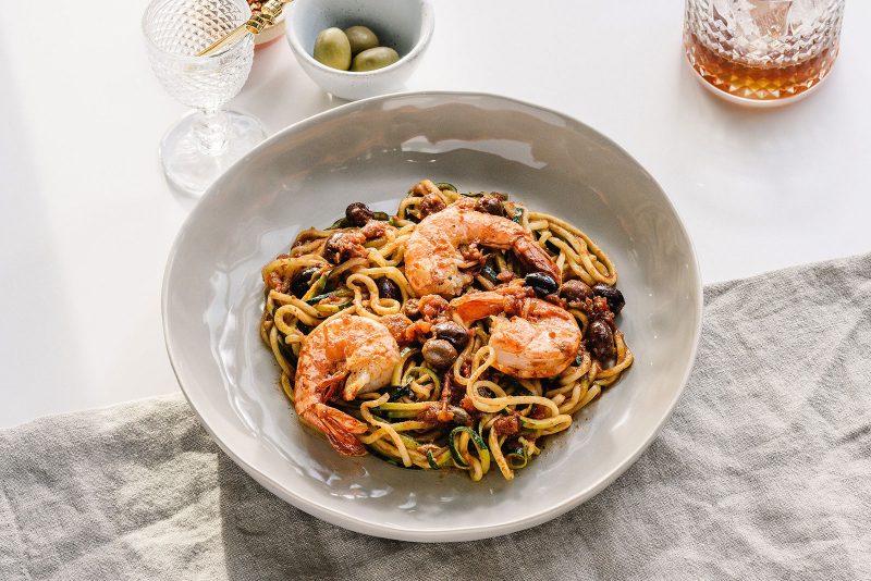 Zoodles Puttanesca with Shrimp